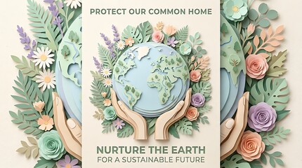 World earth day celebration poster design featuring human hands holding planet earth surrounded by colorful flowers and plants sustainability environment conservation protection sustainable