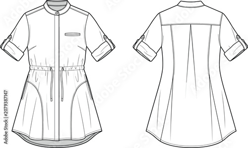 Quadro em tela Technical flat sketch of shirt dress with mandarin collar, chest welt pocket, dr