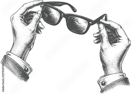 Vintage Hands Holding Sunglasses Front View Engraving Vector | Fashion Eyewear Antique Hand Drawn Illustration