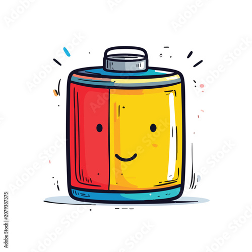 Cute cartoon battery character with a friendly smiling face.