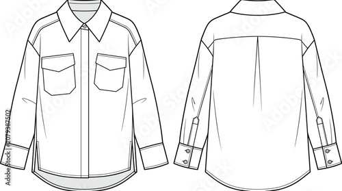 Tableau sur toile Technical flat sketch of long sleeve button up shirt with pointed collar, flap c