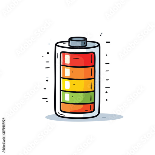 Colorful cartoon battery icon showing varying charge levels.