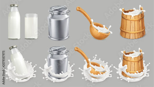 Various containers pouring milk with splashes illustration milk jug milk can