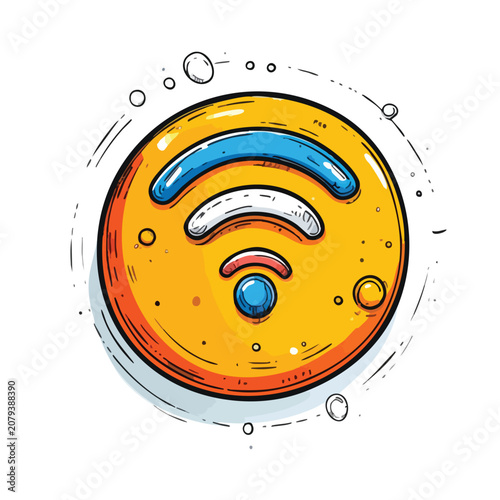 Hand drawn colorful Wi-Fi symbol illustration on a yellow circular badge.