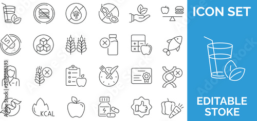 Healthy diet and nutrition line icon set.