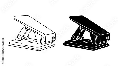 Fotografía Office Puncher: A clean vector graphic showcases a paper puncher in both outline and solid black silhouette, ideal for office supply or stationery design