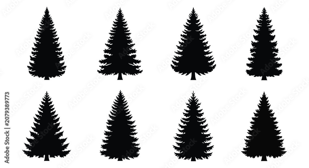 Fototapeta premium Fir Tree Silhouettes On White Background Set Of Six