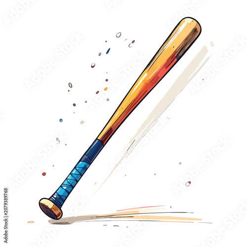 Illustration of a wooden baseball bat with a blue grip.