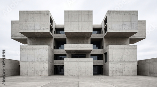 Front view of a symmetrical brutalist concrete gym building with cantilevered architecture.