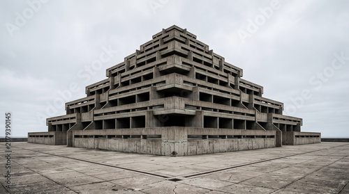 Brutalist concrete pyramid gym building with symmetrical stepped architecture against an overcast sky.