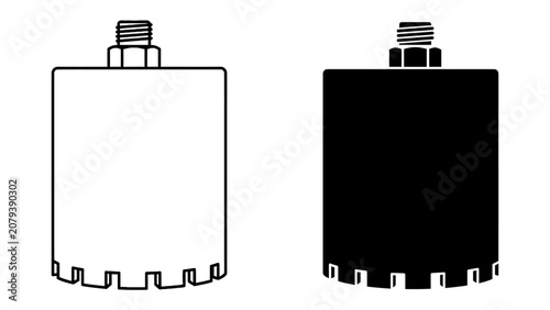 Fotografija Diamond Drill Bit Icons: A set of clean, modern icons representing a diamond drill bit, one in white outline and the other in solid black, showcasing industrial tooling