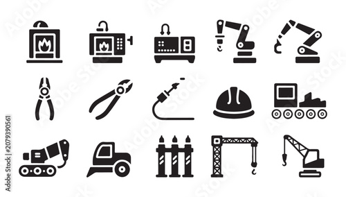 Foto Industrial machinery and equipment set featuring furnace generator robotic arm pliers and hard hat