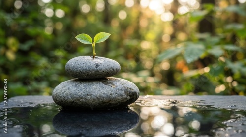 Balanced Zen Stones With Green Sprout