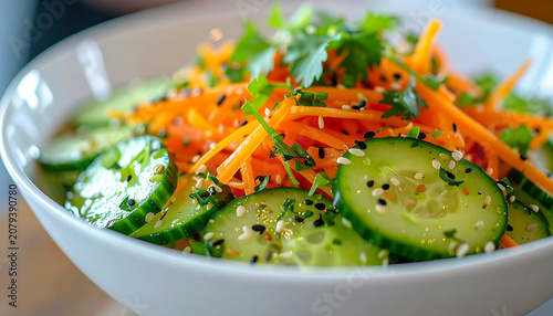 Fresh cucumber and carrot salad in white bowl with toasted sesame seeds and finely chopped herbs. Healthy and appetizing meal. Tasty food. Close-up.