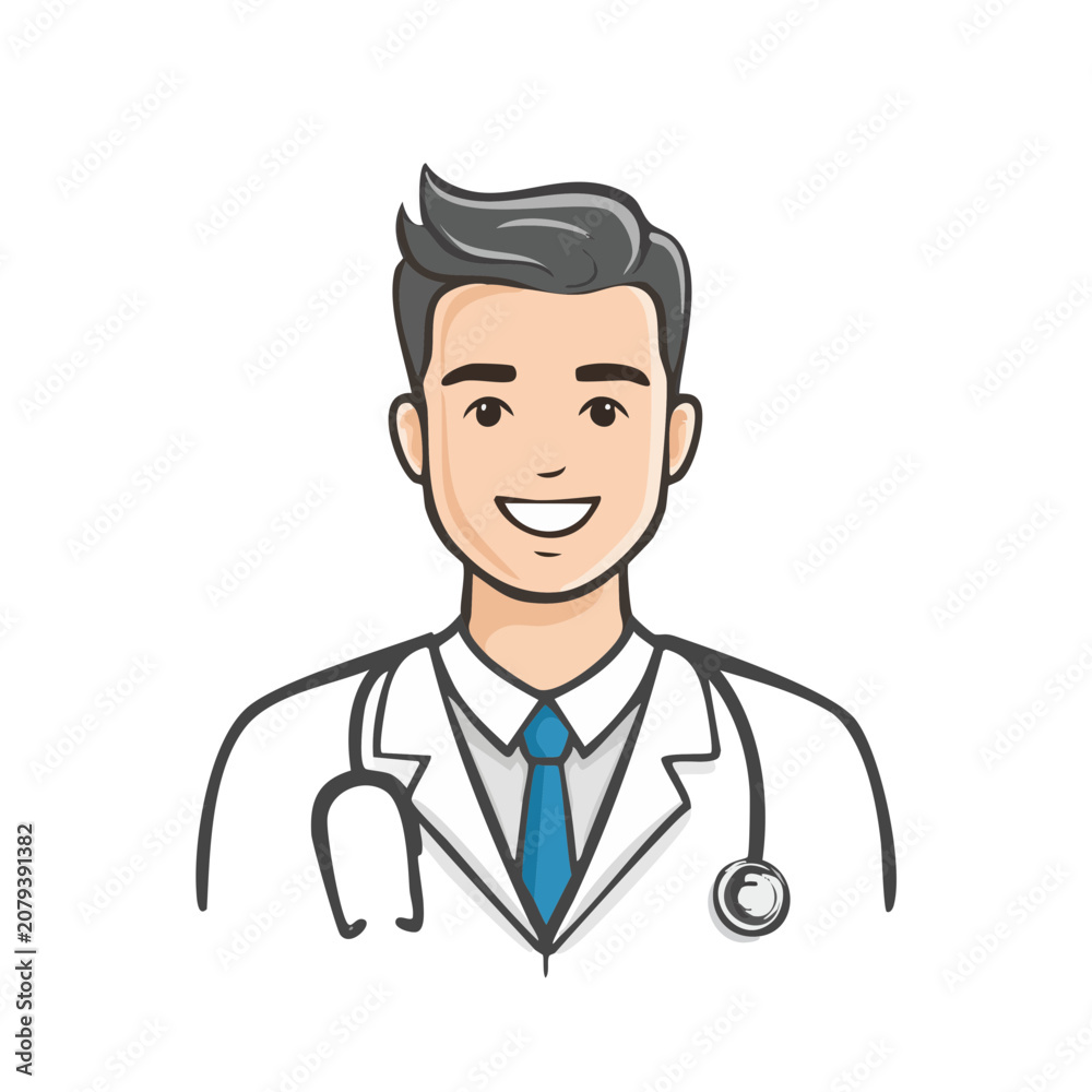 Fototapeta premium Friendly Cartoon Doctor with Stethoscope Smiling and Wearing Blue Tie and White Coat