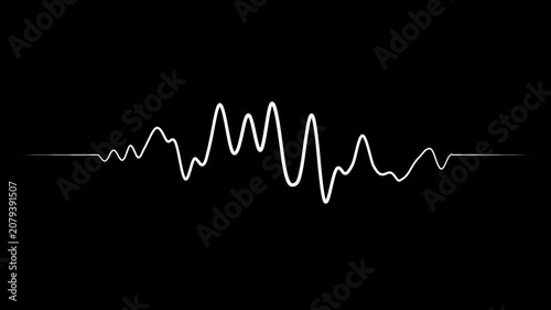 Looping animation of a white waveform with changing audio waveforms on a black background. Suitable for audio visualization, podcasts, music, voice, broadcasting, user interfaces, and motion graphics.