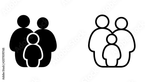 Tableau sur toile Family Icon Representation: Two styles of simple icons depict a family unit: a solid black silhouette of two adults and one child, and an outline version