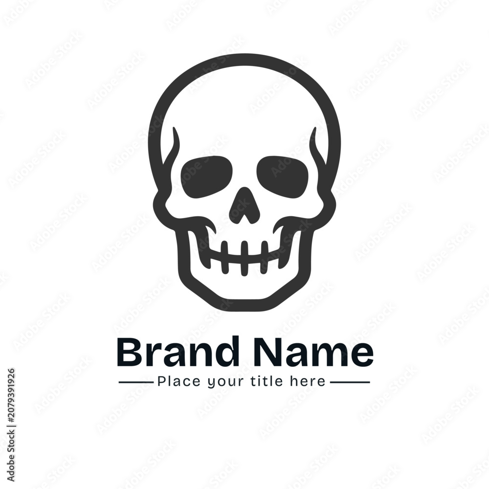 Fototapeta premium Traditional Human Skull Front View Logo Icon; Clean Outline Skeleton Head Vector Symbol for Modern Urban Streetwear Clothing Apparel, Custom Tattoo Flash Art, Creative Sticker Design, Halloween.
