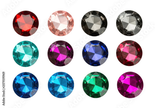 Eight colorful, faceted, flat-backed circular acrylic gems arranged in a precise grid on a transparent background, sharp focus macro product concept