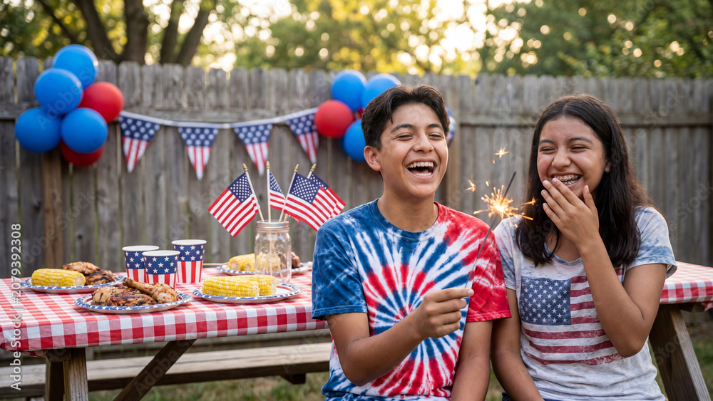 Fototapeta premium Fourth of July backyard party with Latino teenagers holding sparklers for American independence celebration marketing and social media content
