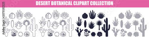 Desert botanical silhouettes in various styles during daylight isolated on white background