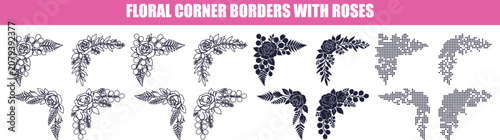 Floral corner borders with roses vector silhouettes in a clean arrangement isolated on white background