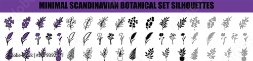 Minimal Scandinavian botanical elements with floral and plant silhouettes isolated on white background
