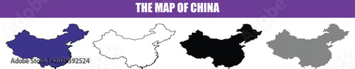 Outline and filled map shapes of China with different fill patterns during a flat lay presentation isolated on white background