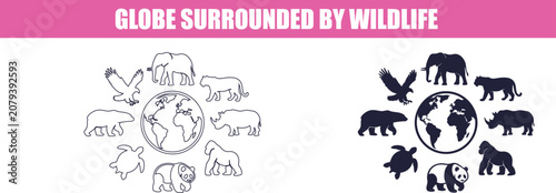 Stylized globe encircled by diverse animal silhouettes during daytime isolated on white background