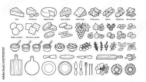 Obraz na płótnie Set of 50 Cheese Board and Charcuterie Outline Icons Vector