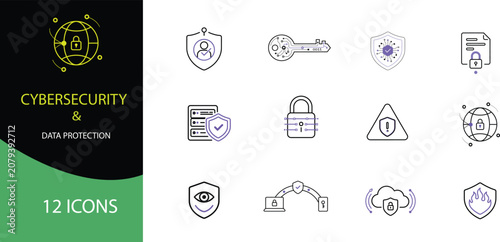 Cybersecurity and Data Protection Outline Icon Set –Shield, Firewall, VPN, Encryption and Network Security Vector Collection