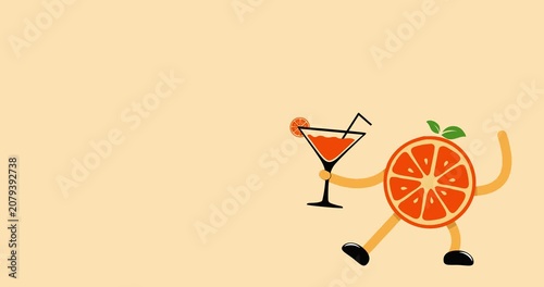 Cartoon animation of an orange character holding a glass of orange juice, with copy space.