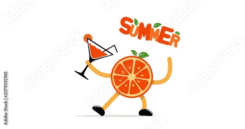 Cartoon animation of an orange character holding a glass of juice, with 