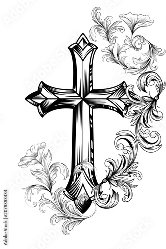 black Christian cross with swirls and colors of baroque pattern elements  on a white background.eps