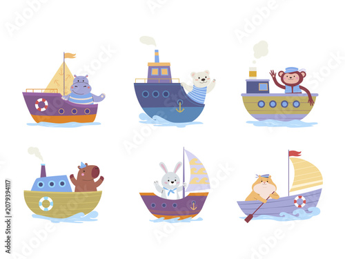 Cute Animal Boats Collection Cartoon Sea Adventure Clipart Set