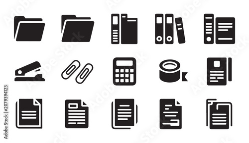 Foto Office stationery flat icons including folders paper clips stapler and document graphics