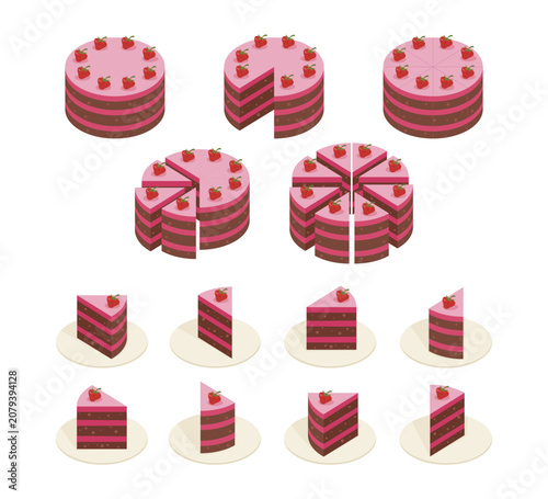 Isometric Strawberry Cake Collection Dessert Clipart Set