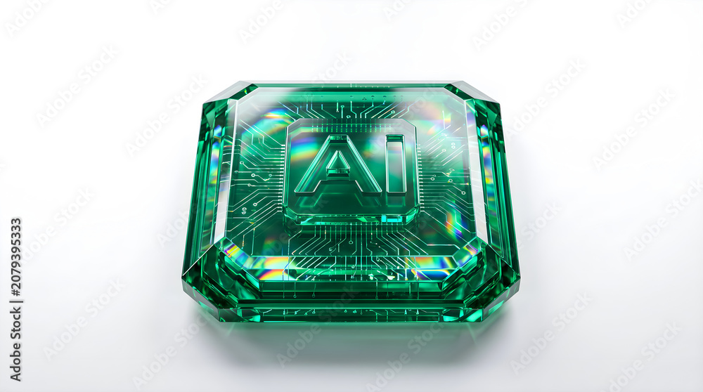 Fototapeta premium Emerald Green Transparent AI Processor Crystal Chip 3D on White Background
