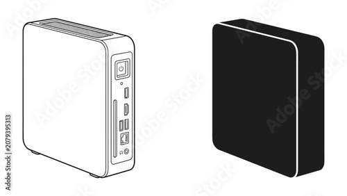Foto Compact Computing Devices: Two compact computing devices are shown, one in a technical illustration showcasing its ports and buttons, and the other as a solid black silhouette