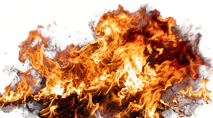 Vibrant, intense fire with dynamic flames and heat waves against a stark, isolated on a white backdrop