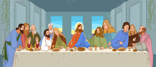 фотографія Biblical gathering with robed disciples around long banquet table, central haloe