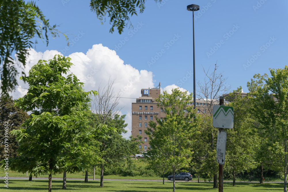 Obraz premium wide, distant view of St Joseph's Health Centre a general hospital located west of the downtown core at 30 The Queensway, Toronto