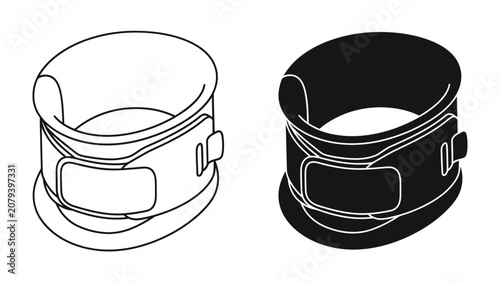 Cervical Collar Icons: Two stylized icons of a cervical collar, one in outline and the other in solid black, representing neck support and medical aid.