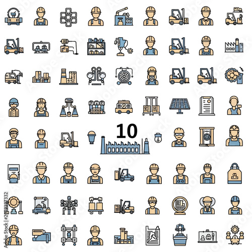 Collection of industry and construction icons with workers and machinery.