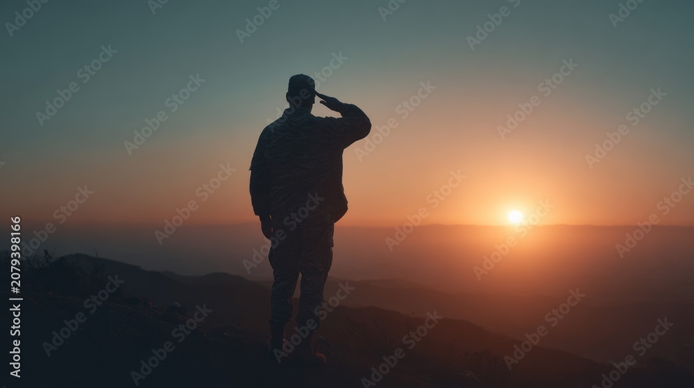 Fototapeta premium Soldier silhouette saluting sunset