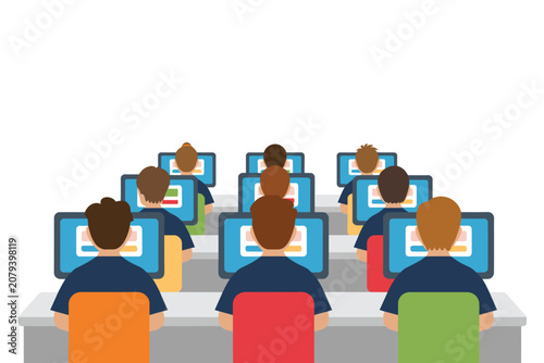 Students or business people working on computers in a classroom or office setting, flat vector illustration