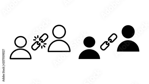 Relationship Link Icon: Two human figures depicted with a connecting link between them, symbolizing connection, partnership, and social interaction. One link appears broken.
