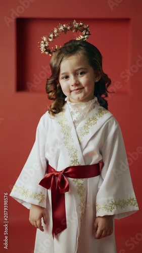 Adorable little girl dressed as a Christmas angel with a floral halo and white festive costume, smiling in a studio setting. Perfect for illustrating Christmas traditions, holiday celebrations, innoce