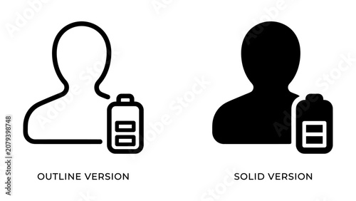User Profile Battery Indicator: Two icons, one outlined and one solid silhouette of a user profile next to a battery icon, indicating power or energy level.
