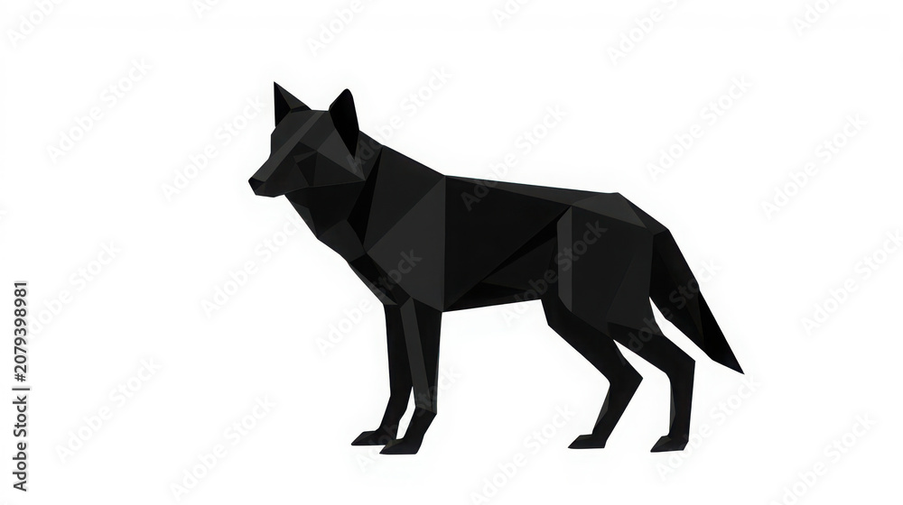 Fototapeta premium Black origami wolf standing on white background